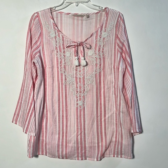 Soft Surroundings Tops - SOFT SURROUNDINGS Coastal Cottage Striped Embroidered Floral Tassel Tie Blouse M